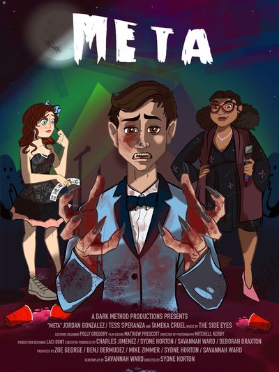 Digital illustration of a prom night stage with a full moon behind the film title. The main character Artie, an olive skintone, brown-haired transmasc teen is in the centre of the horror drama poster appearing to metamorphosize with werewolf elements of fangs, red eyes and long sharp dark fingernails. Blood drips down their hands and onto their light blue tuxedo and face. In the background are two characters on the left and right of Artie; to the left is a feminine-presenting teen wearing prom attire and holding photographs, and on the right is a Black woman teacher chaperone holding a microphone while looking at Artie.
