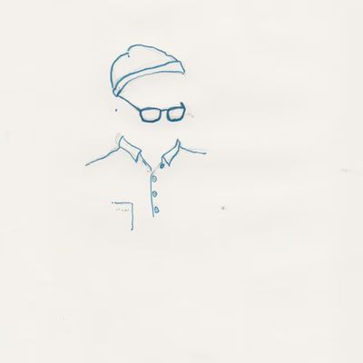 A minimal contour sketch of a button-up shirt, glasses and beanie-style hat. They are positioned in a way so that they look like they're being worn, but no facial features are drawn.