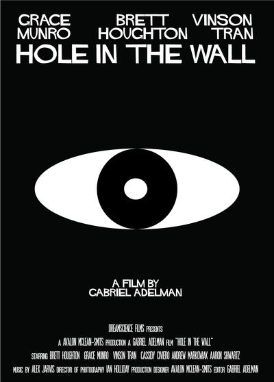 It is a black background with a white oval. Inside the oval is a black cirlce, and inside the circle is a white dot, altogether resembling an eye. The title is above it written in white "Hole in the Wall". The poster also says "A film by Gabriel Adelman".