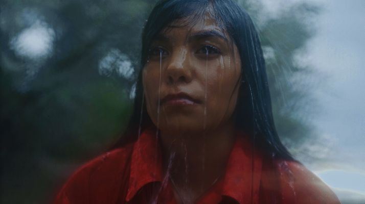 A person is drenched and soaking wet with water running off their skin and lashes. They have long straight black hair and they are wearing a red long sleeve button up. They have brown skin and are in front of blurred tree background.