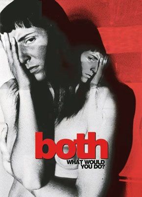A person is naked with light skin and a black and white filter. They are covering their body with one arm around their waist and the other arm covering their chest covering the left side of their face. The same image is copied and flipped and smaller behind the main image of them covering themselves. There is a red background and the title is covering part of the person's chest. It says "both" in red and underneath says "what would you do?" in black.