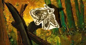 Expressionistic animated still featuring intricate layers of hand-painted paper which portray a black-and-white moth flying through a yellow-and-green forest.