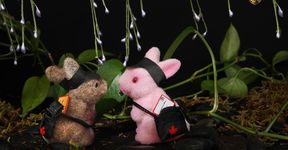 Two bunny toys, one pink and one brown, face each other. The bunnies carry mail bags and wear headbands. Behind them is a lush set with moss and pothos vines.