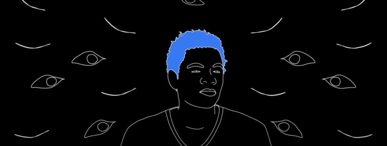 Line Drawing of Bernado against a black background. Tailor is a Black trans man with a short blue afro. They are surrounded by floating eyes.