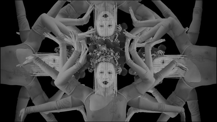 Black-and-white images of drag artist Maiden China are collaged over one another so that 4 images of the artists's face are in the center, with multiple arms emerging from each depiction. Maiden China wears an elaborate headpiece with a beaded veil extending in front of her face. She wears heavy white foundation, dark lipstick and a see-through mesh-top.