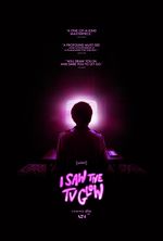 This stylish poster for "I Saw the TV Glow" features Owen (Justice Smith) sitting in a darkened living room, his head silhoutted by the eerie purple glow from a static-covered retro television. The same neon purple color is used for a series of critical accolades at the top of the poster and the title of the film in wavy font at the bottom.