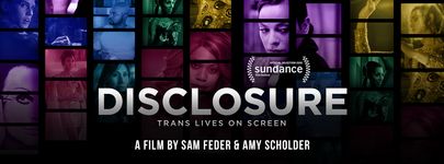 Horizontal film poster for Disclosure with rectangles arranged to mimic rolls of film similar to the official poster. Stretching across multiple rectangles are moments significant to films about trans people such as a Laverne Cox portrait and a still from Boys Don't Cry. Each moment has a monochromatic tint in a different colour of the rainbow.