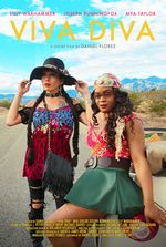 Two people stand on a road in front of a mountain skyline. The one on the right has brown skin and is wearing a head wrap with their long curly hair coming out the bottom. They are wearing glasses and an off the shoulder pink patterned shirt, with a brown belt and a green skirt. They lean back on the trunk of a white car and stare into the camera. The one on the left is standing up, touching the brim of their black hat while staring dreamily off at the horizon. They have two long braids on either shoulder. They are wearing a patterned shirt in black and blue and wearing black ripped jeans. The title of the film, "Viva Diva," is written in sharp yellow text at the top of the poster.