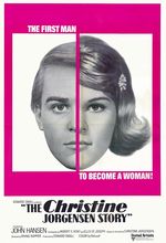 A fat hot pink border around a black and white face split in two. The left side has a short haircut and thick eyebrows like a man and the right side has chin-length hair, a barrette, shaped eyebrows, and eye-makeup, like a woman. The ad promises: The first man to become a woman! And the film title "The Christine Jorgensen Story."