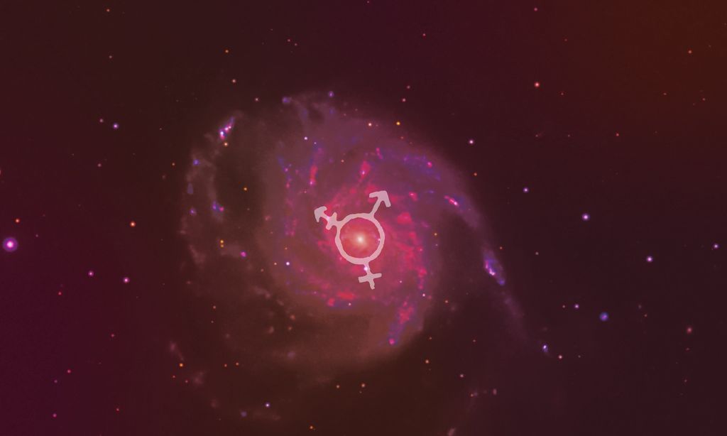 A pink galaxy swirling around a semi-transparent trans symbol.